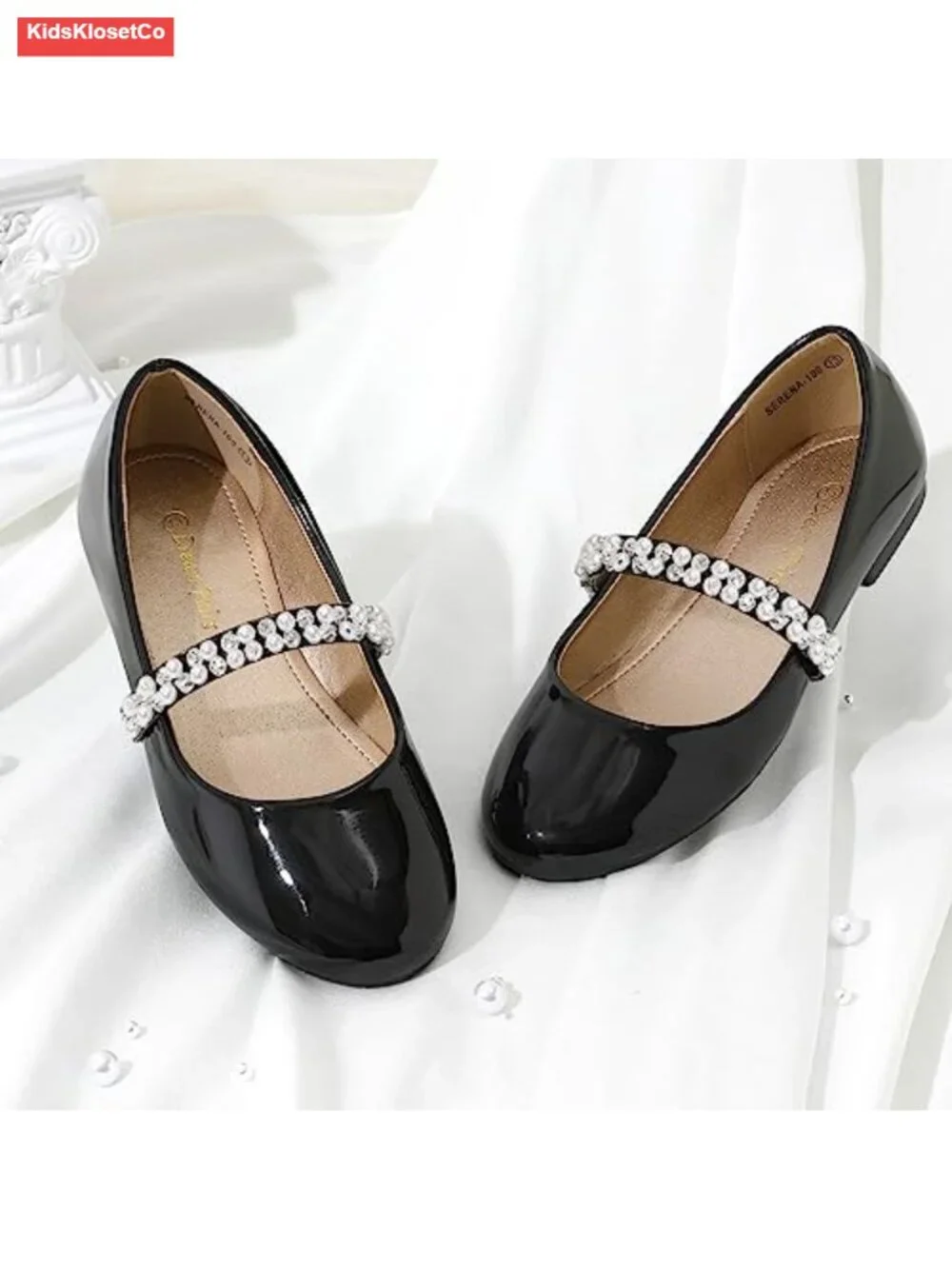 Girls Mary Jane Dress Shoes Flats with Pearl Straps for Wedding Party